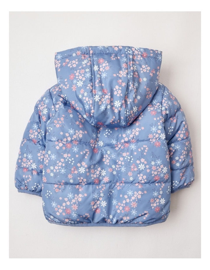 Floral Reversible Puffer in Dusty Blue