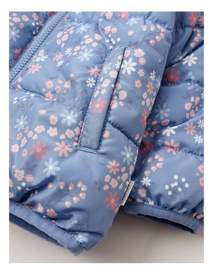 Floral Reversible Puffer in Dusty Blue