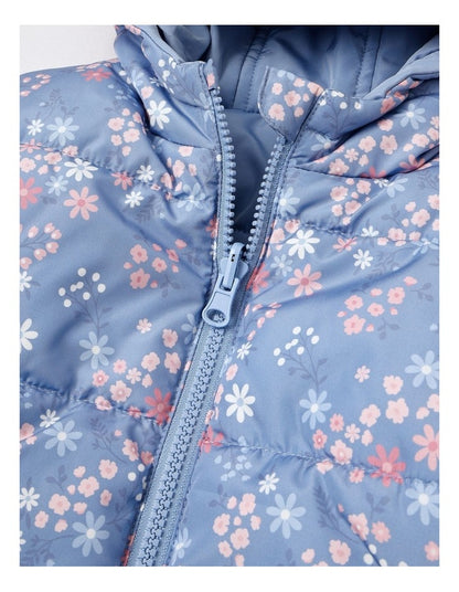 Floral Reversible Puffer in Dusty Blue