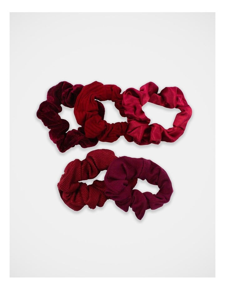 Mixed Fabric Scrunchie Pack Of 5 in Maroon