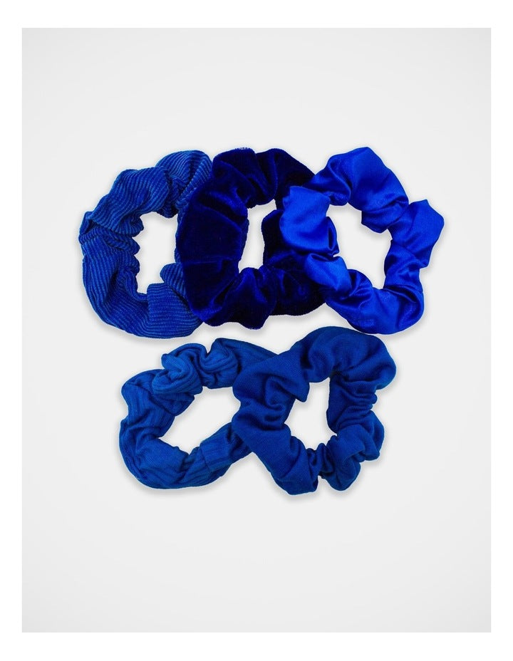 School Mixed Fabric Scrunchie 5 Pack in Royal Blue
