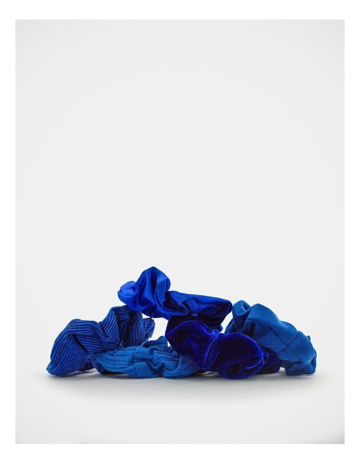 School Mixed Fabric Scrunchie 5 Pack in Royal Blue