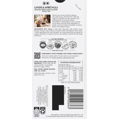 Lindt Excellence Dark Chocolate 85% Cocoa Block 100g