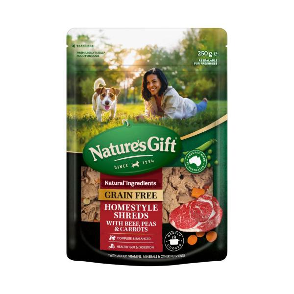 NATURE'S GIFT GRAIN FREE HOMESTYLE SHREDS WITH BEEF PEAS & CARROTS DOG FOOD 250G