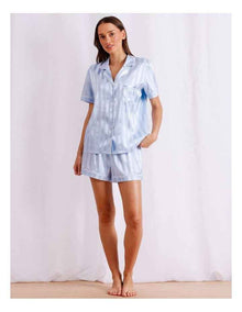 Luxe Satin Jacquard Stripe Short Sleeve Short PJ Set in Soft Blue Jacquard
