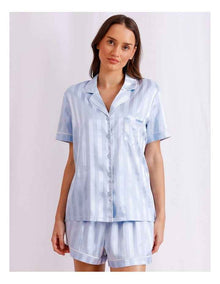 Luxe Satin Jacquard Stripe Short Sleeve Short PJ Set in Soft Blue Jacquard