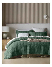 Sandy Cape Washed Belgian Linen Quilted Coverlet in Forest