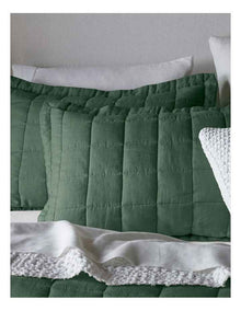 Sandy Cape Washed Belgian Linen Quilted Coverlet in Forest