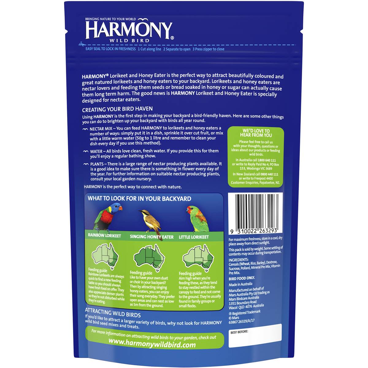 Harmony Bird Food Lorikeet & Honey Eater 500g