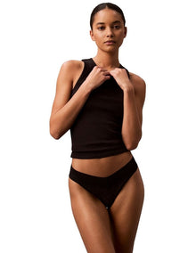 Logo Lace Trim Low Rise Thong in Black
