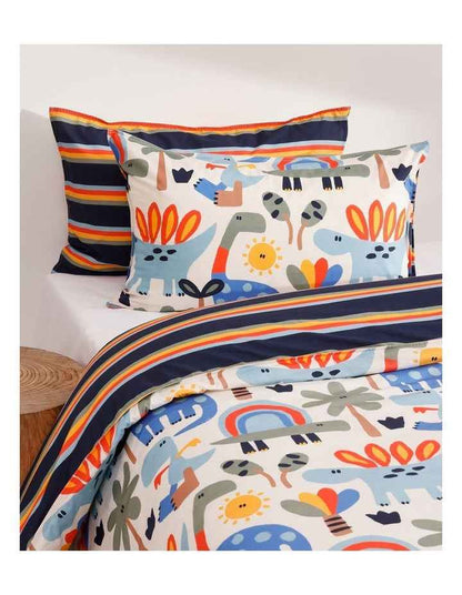 Single Rainbow Dino Quilt Cover & Pillow Case Set in White