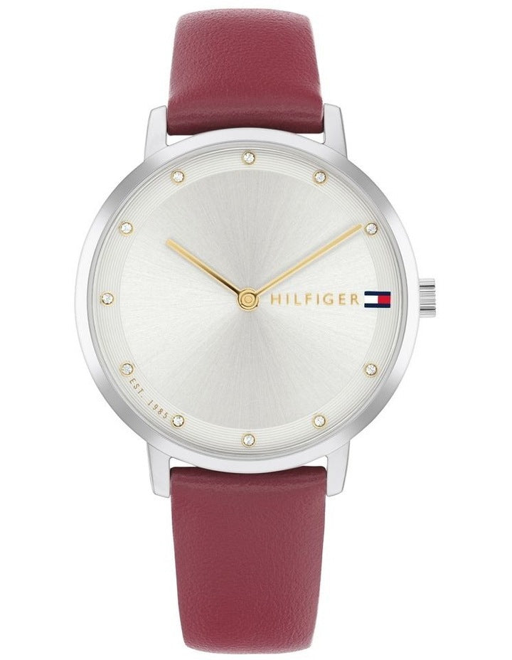 Pippa Cranberry Leather Dial Watch in Silver/White