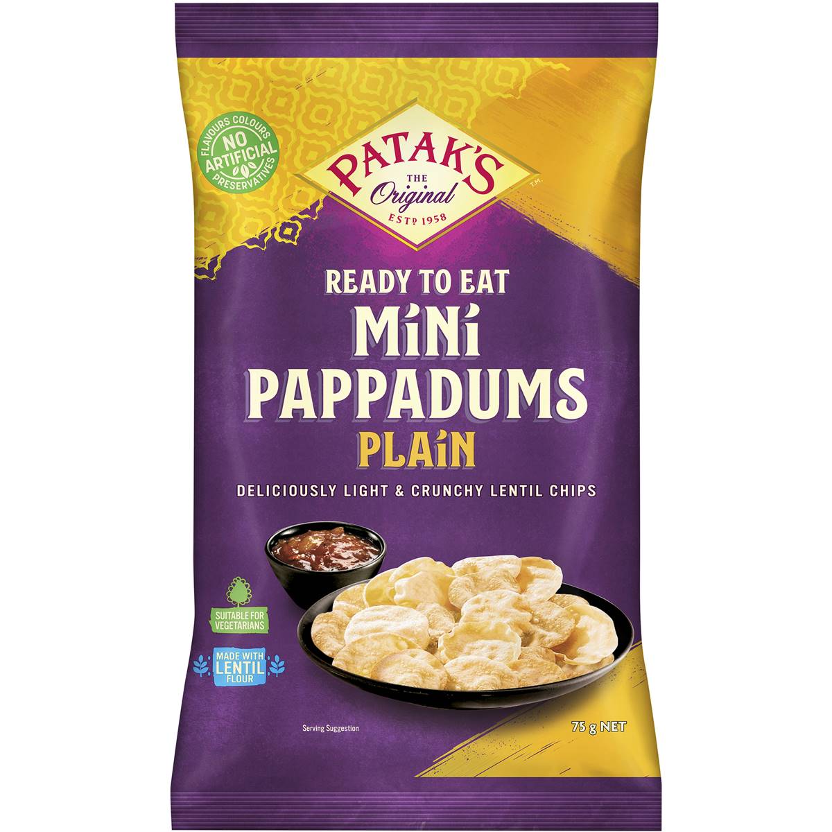 Patak's Ready To Eat Pappadums Mini Plain Original 75g
