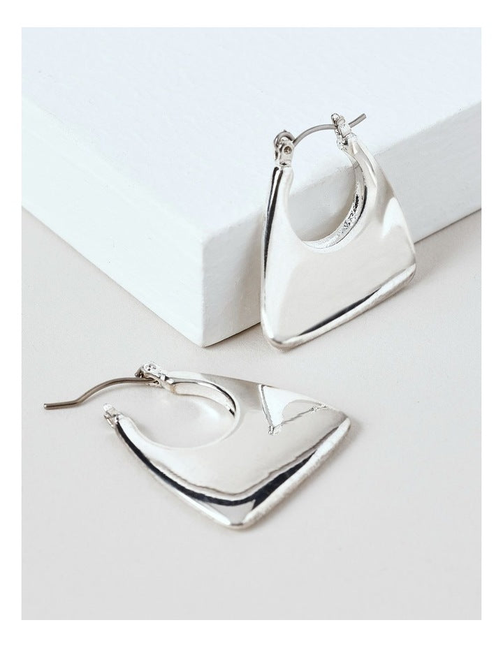 Elongated Triangle Hoop Earrings in Silver
