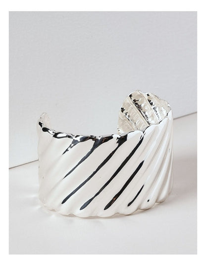 Wide Textured Cuff Bangle in Silver