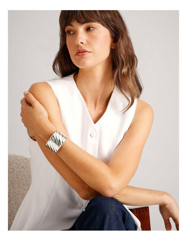 Wide Textured Cuff Bangle in Silver