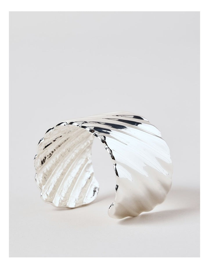 Wide Textured Cuff Bangle in Silver