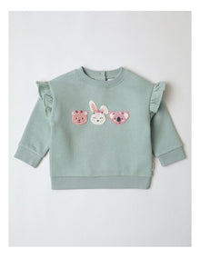Flower Animal Applique Sweat Top in Sage