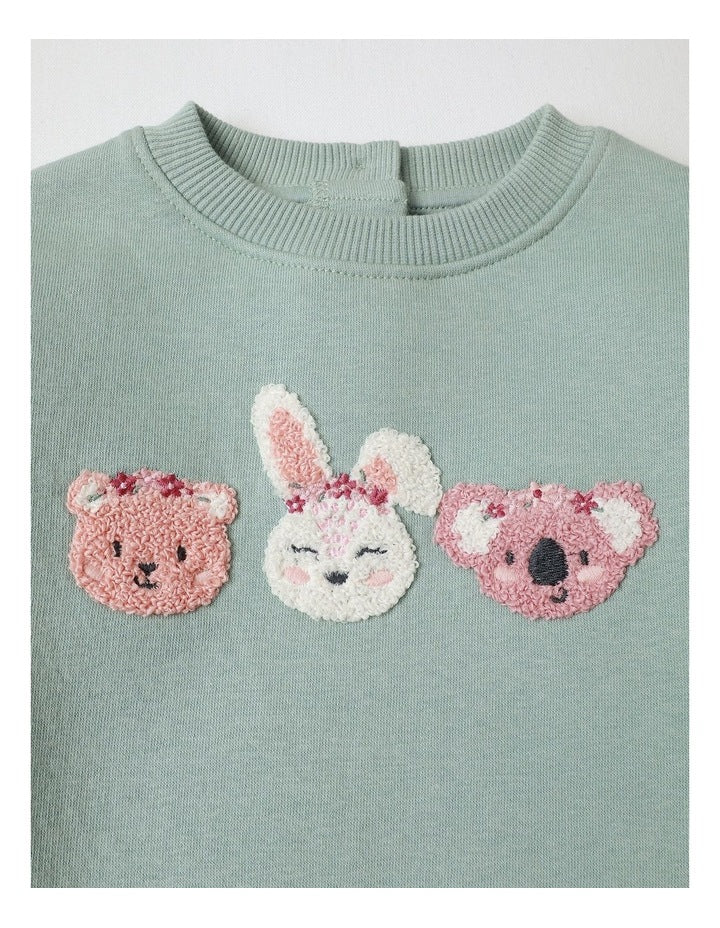 Flower Animal Applique Sweat Top in Sage