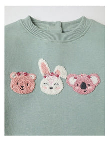 Flower Animal Applique Sweat Top in Sage