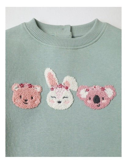 Flower Animal Applique Sweat Top in Sage