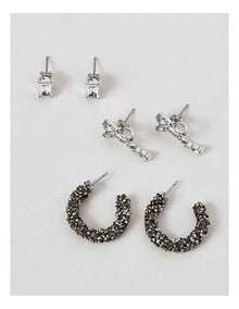 Bow & Diamante Earring 3Pk in Silver
