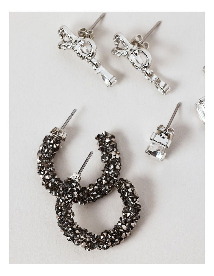 Bow & Diamante Earring 3Pk in Silver