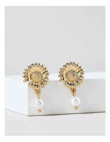 Flower Pearl Drop Earrings in Gold