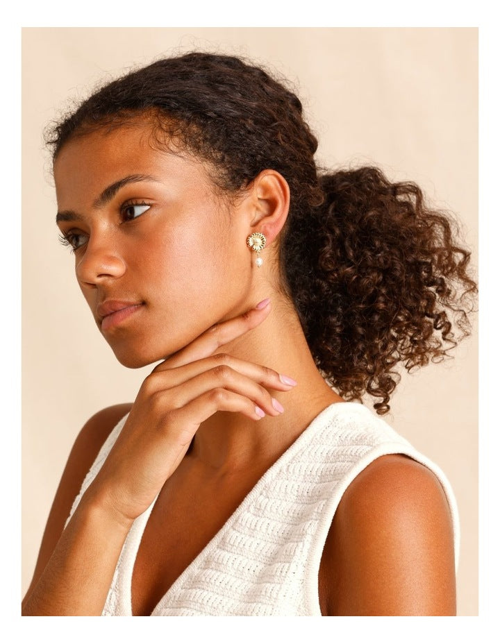 Flower Pearl Drop Earrings in Gold