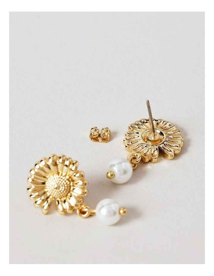 Flower Pearl Drop Earrings in Gold