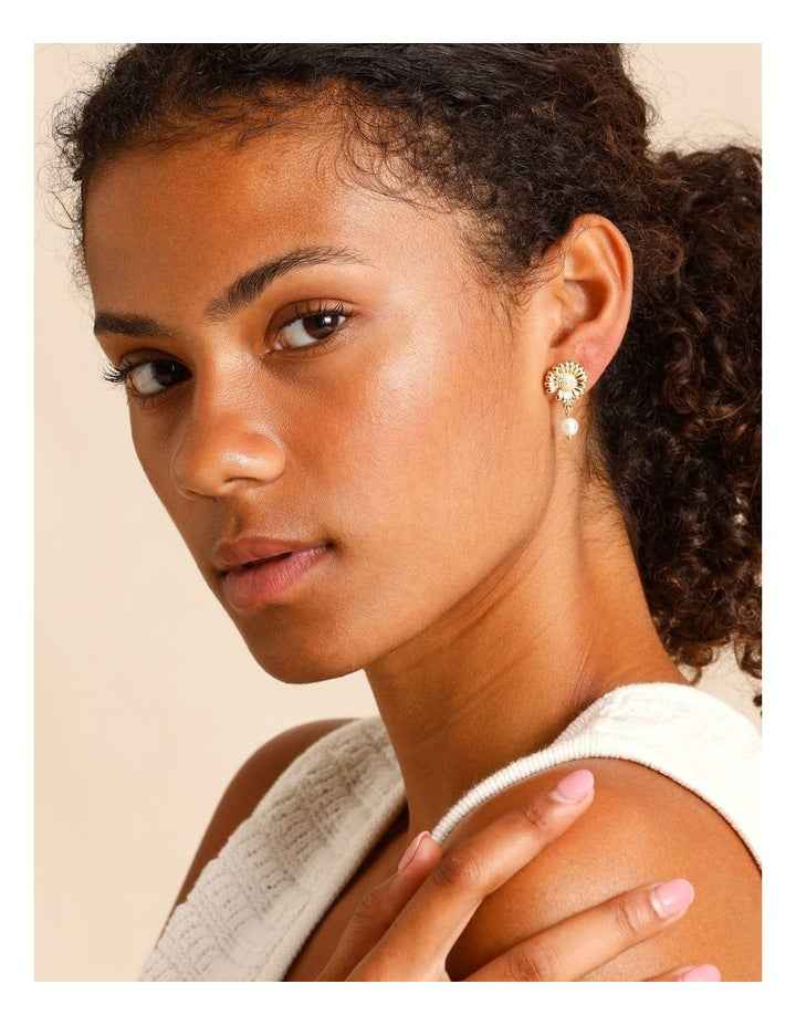 Flower Pearl Drop Earrings in Gold