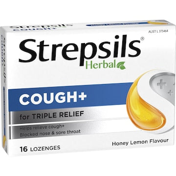 Strepsils Herbal Cough Blocked Nose Sore Throat Lozenges Honey Lemon 16 pack