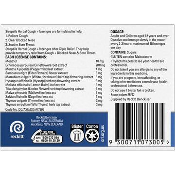 Strepsils Herbal Cough Blocked Nose Sore Throat Lozenges Honey Lemon 16 pack