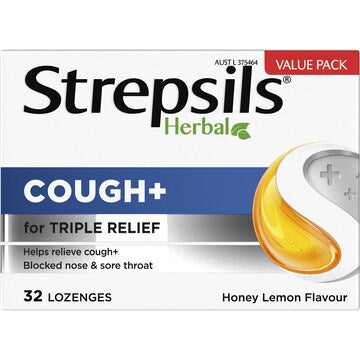 Strepsils Herbal Cough Blocked Nose Sore Throat Lozenges Honey Lemon 32 pack