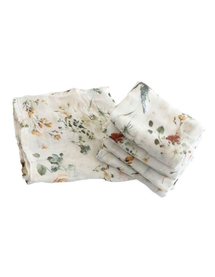 Peonies Bamboo Muslin Wash Cloths 6 Pack in Multi