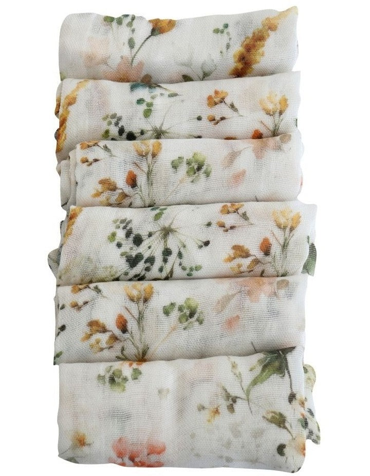 Peonies Bamboo Muslin Wash Cloths 6 Pack in Multi