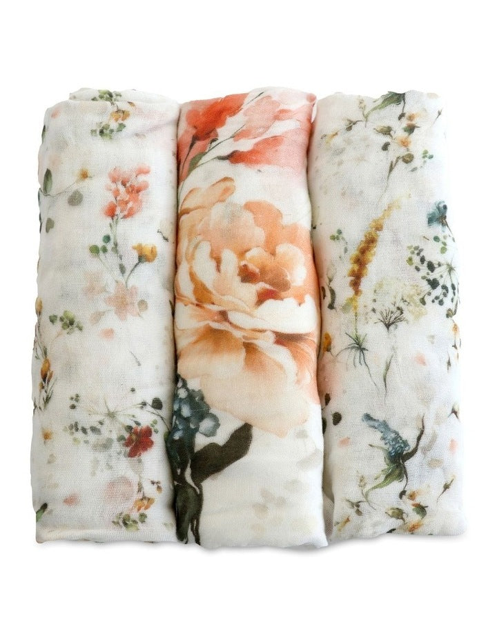 Peonies Bamboo Muslin Wraps 3 Pack in Multi