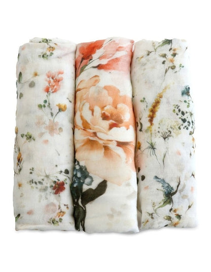Peonies Bamboo Muslin Wraps 3 Pack in Multi
