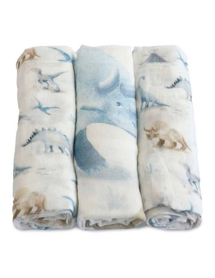Jurassic Bamboo Muslin Wraps 3 Pack in Blue/White