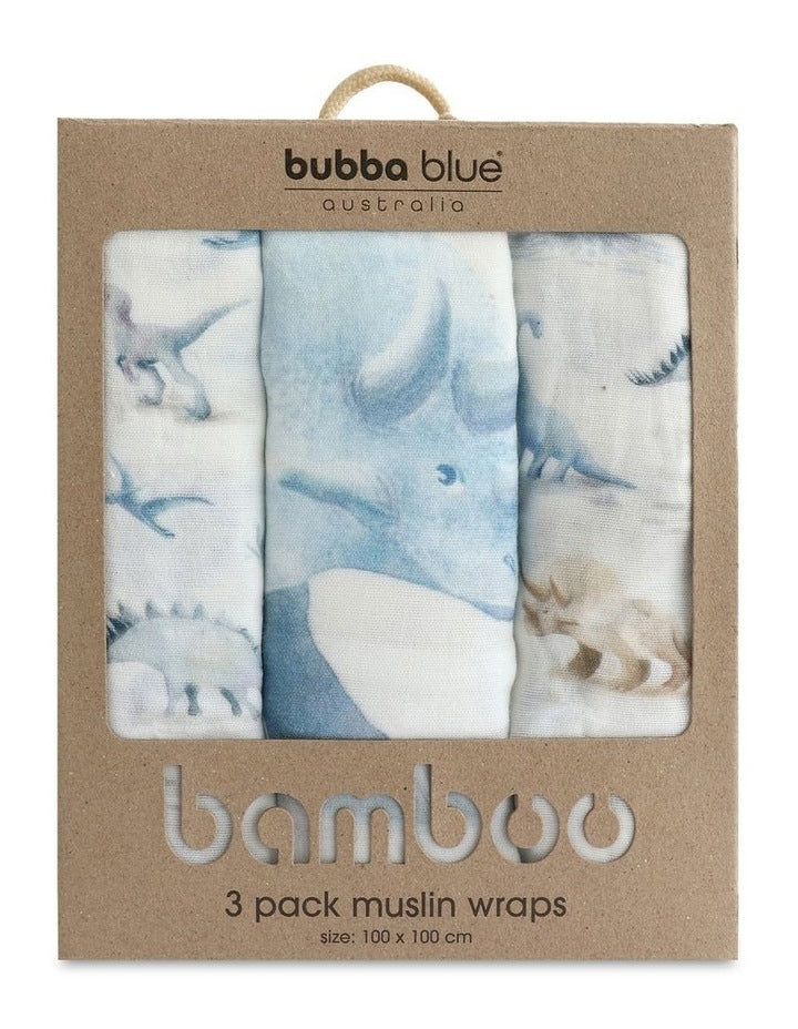 Jurassic Bamboo Muslin Wraps 3 Pack in Blue/White