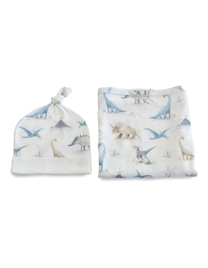 Jurassic Bamboo Jersey Swaddle And Beanie 2 Pieces Set in White/Blue