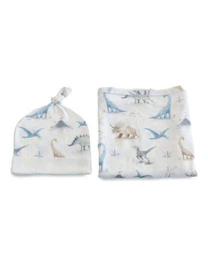 Jurassic Bamboo Jersey Swaddle And Beanie 2 Pieces Set in White/Blue