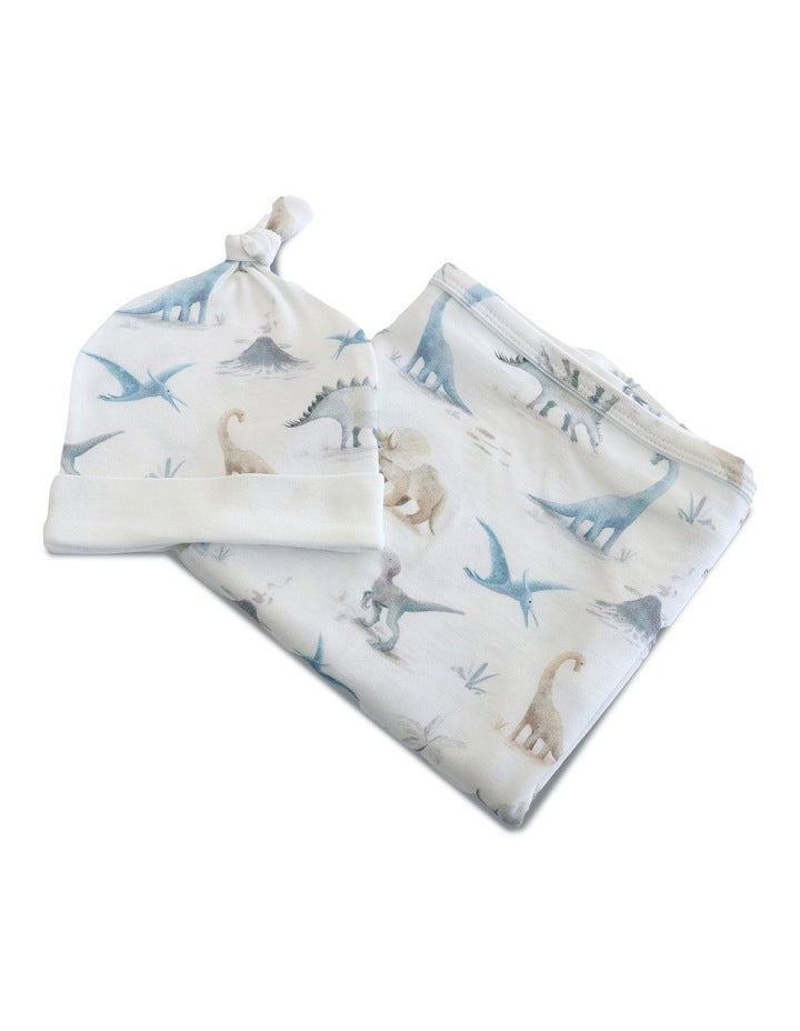 Jurassic Bamboo Jersey Swaddle And Beanie 2 Pieces Set in White/Blue