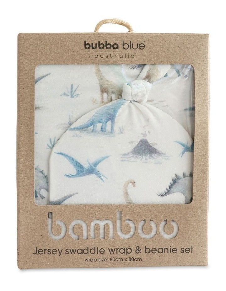 Jurassic Bamboo Jersey Swaddle And Beanie 2 Pieces Set in White/Blue