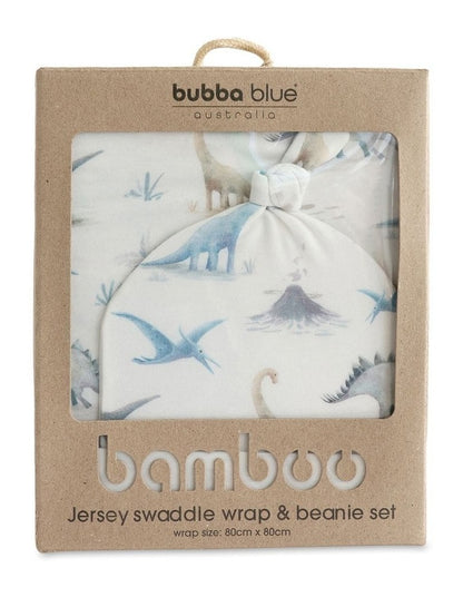 Jurassic Bamboo Jersey Swaddle And Beanie 2 Pieces Set in White/Blue