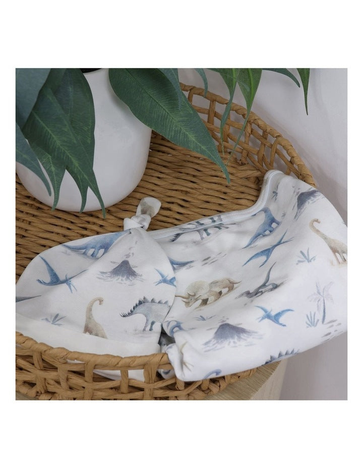 Jurassic Bamboo Jersey Swaddle And Beanie 2 Pieces Set in White/Blue