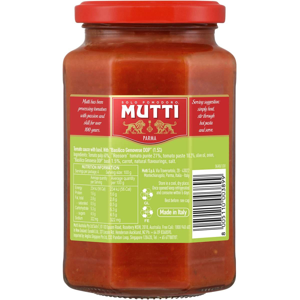 Mutti Gourmet Pasta Sauce Rossoro Tomatoes With Genovese Basil 400g