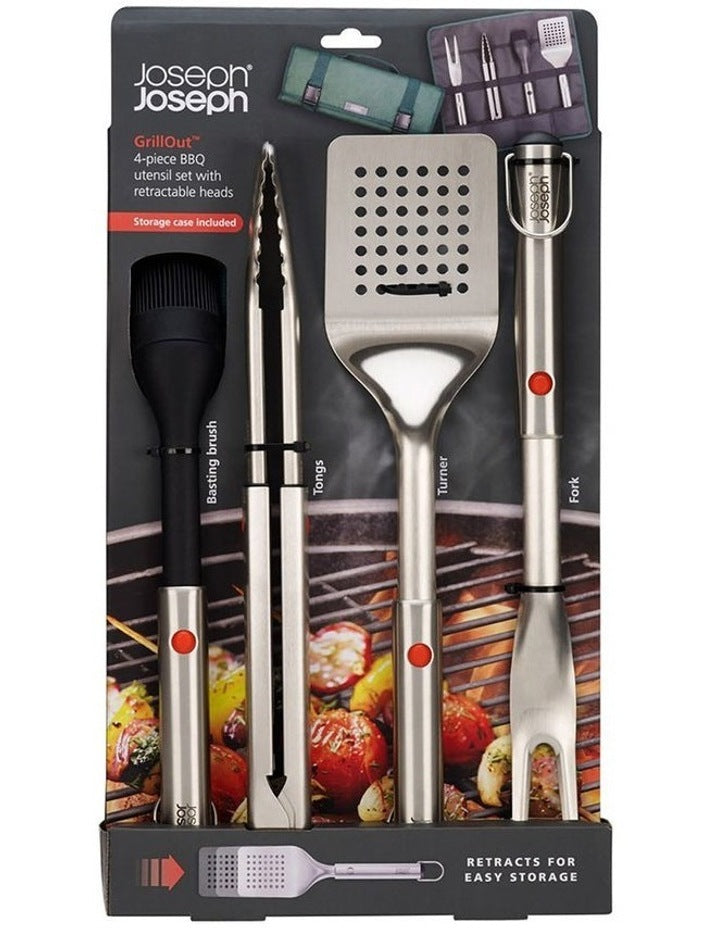 GrillOut Bbq Utensil Set with Case 4 Piece in Stainless Steel