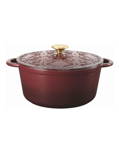 Fleur De Lis Cast Iron Casserole with Lid 26cm/5.0lt in Burgundy
