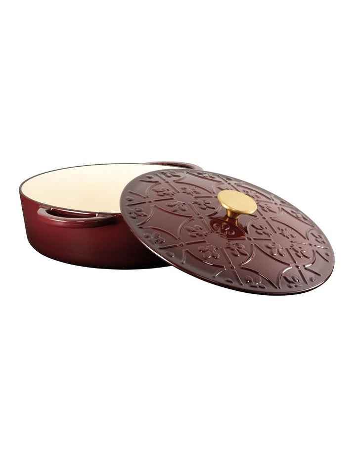 Fleur De Lis Round Saut with Lid 28cm/4.0lt in Burgundy